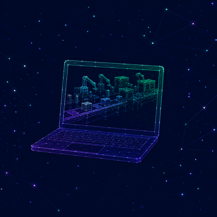 Digital Operational Excellence, depicted by a laptop showing an assembly line.