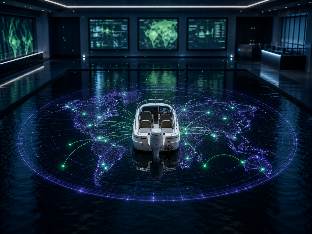 Weißes Motorboot zentral auf digitaler Weltkarte mit lila Netzlinien und grünen Datenknoten, symbolisiert Produktrückruf Prozess durch KBC.