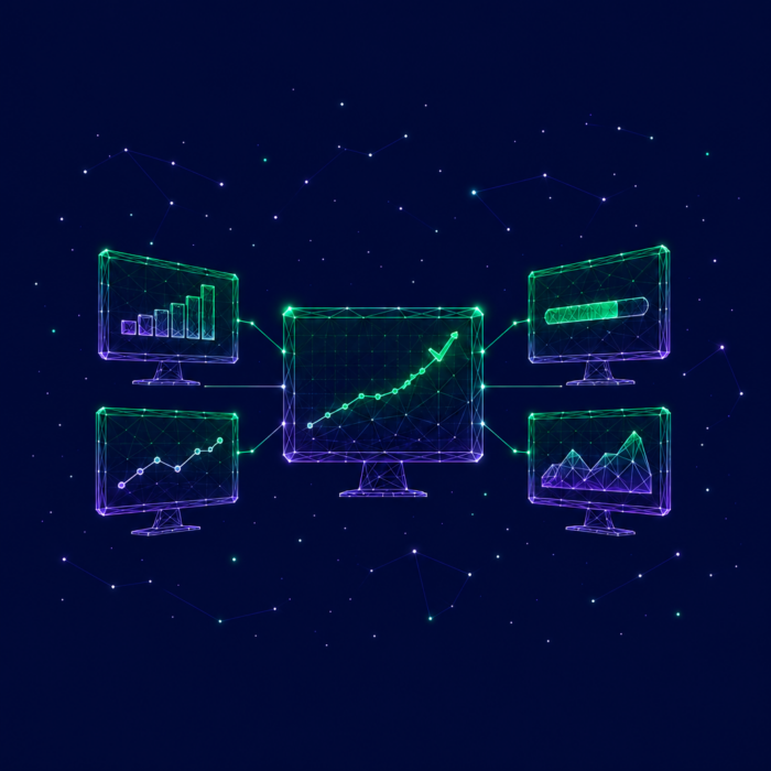 Monitoring and progress tracking displayed on various screens.