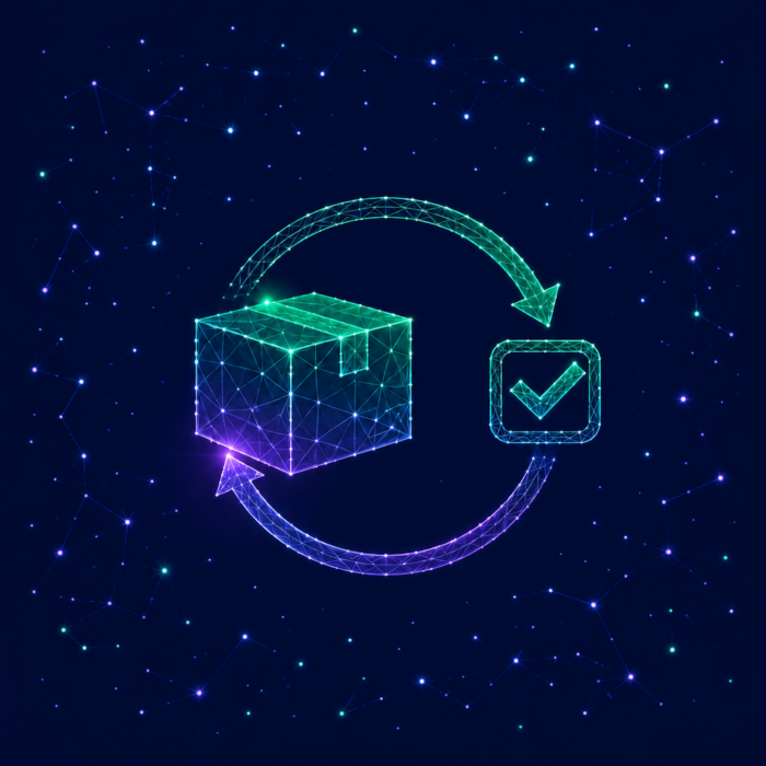 Quality improvement and quality processes depicted by a package and a square with a green check mark, connected by circular arrows.
