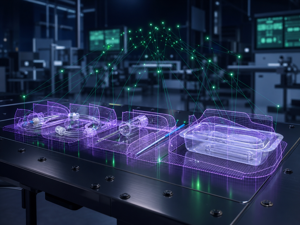 Medizinprodukte auf Metalltisch mit lila Wireframe-Scan und grünem Datennetz, symbolisiert Qualitätsmanagement Beratung Medizinprodukte bei KBC.