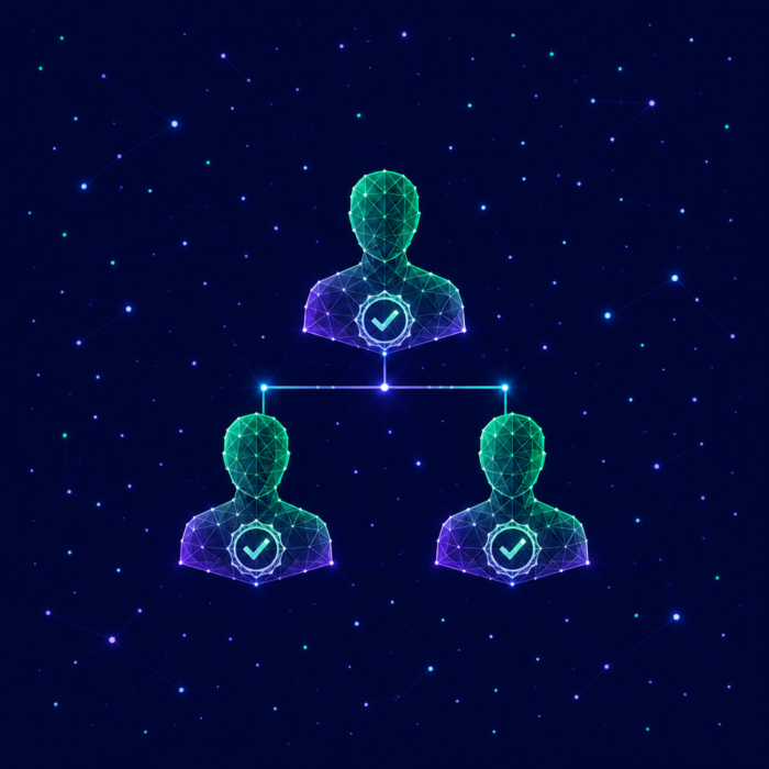 A quality organization depicted by three people who are connected to one another and have a sign with a green checkmark on their chests.