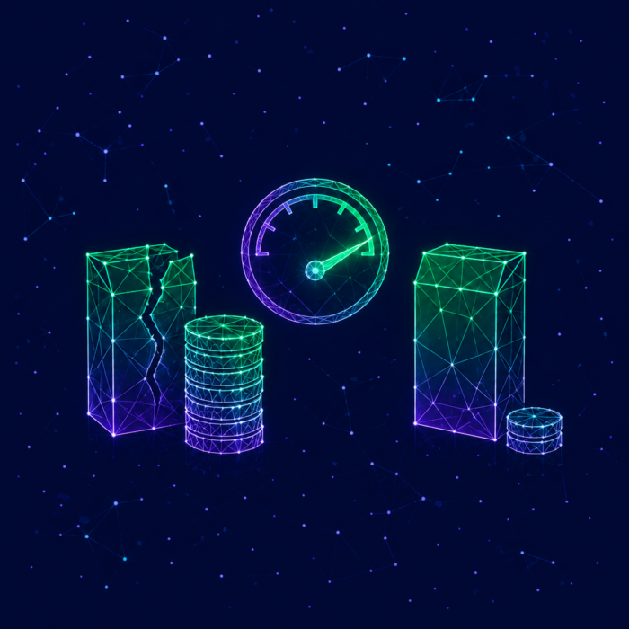 Quality cost metrics represented by a product with a crack and many coins in front of it, a speedometer, and another repaired product with a few coins