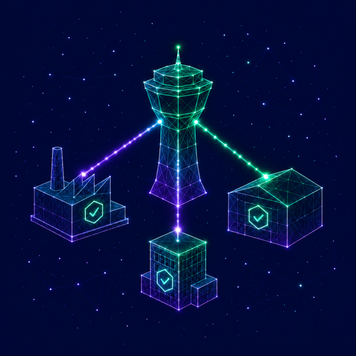 Quality management consulting depicted by a lighthouse overlooking various factory buildings, all of which have a sign with a green checkmark.