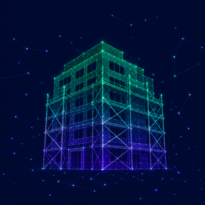 Corporate stabilization, represented by a company building with scaffolding