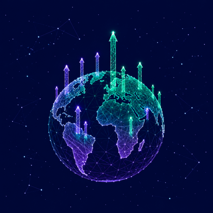 Global market positioning and growth depicted as a globe with arrows pointing upward