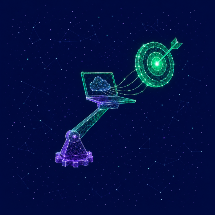Using digitalization as a strategic lever, illustrated by a robotic arm, a laptop, and a target with an arrow