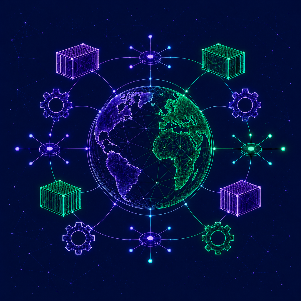 Supply Chain Beratung dargestellt durch den Erdball um den Kisten und ZahnrÀder fliegen