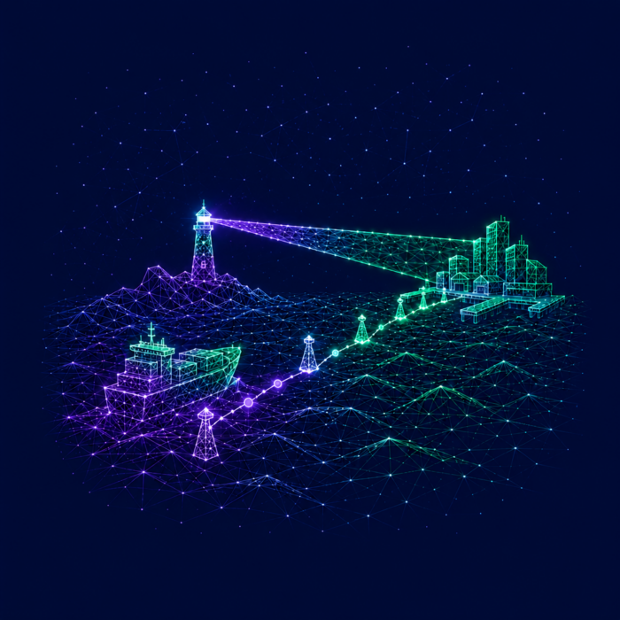 Transformationsbegleitung dargestellt durch eine Produktionslinie im Meer, die durch ein Boot begleitet wird.