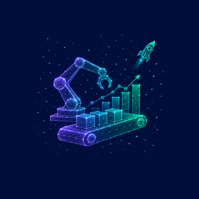 Production optimization and empowerment, illustrated by a robotic arm, an assembly line, and a rocket