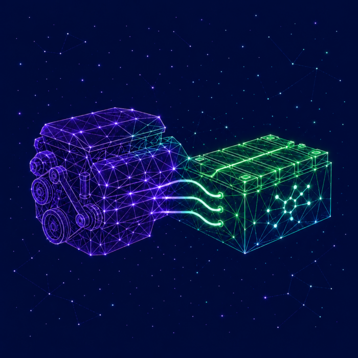 Transformation of the development organization, represented by an internal combustion engine that transitions into a battery.