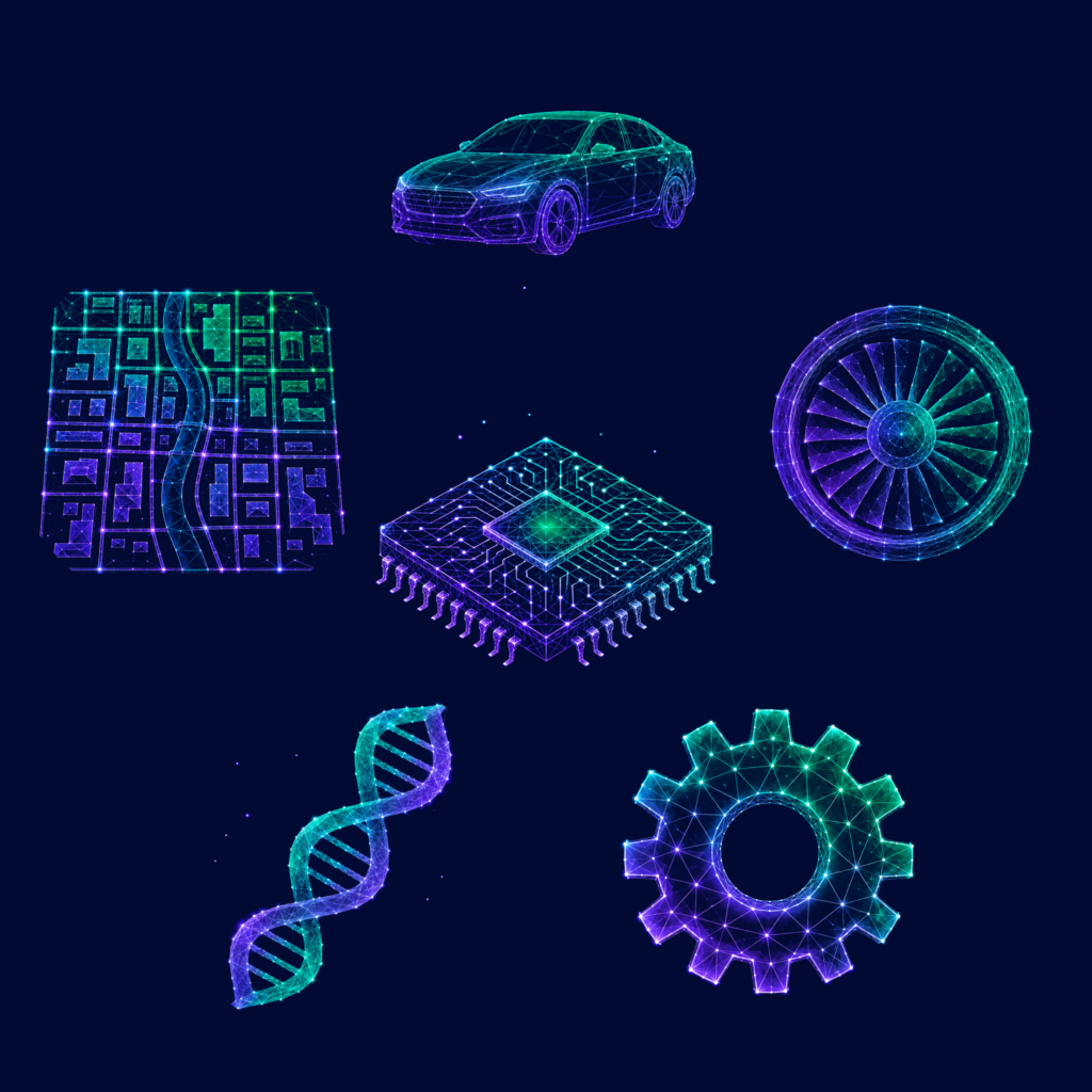 KBC's business sectors depicted in a collage featuring a gear, a strand of DNA, an aircraft turbine, a computer chip, a city map, and a car.