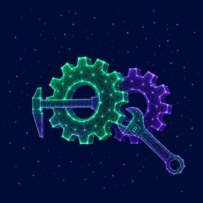 Process adjustment illustrated by two gears with a gauge and a wrench