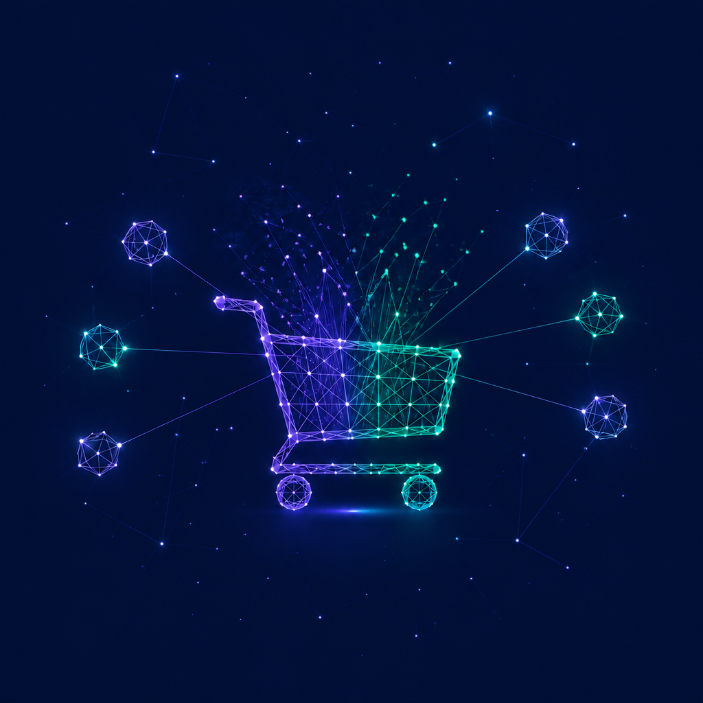 Management consulting for procurement, illustrated by a shopping cart with square balls flying toward it