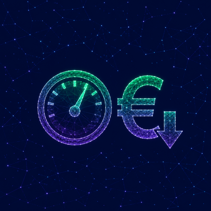 Strategy for operational excellence depicted by a speedometer and a euro symbol with a downward-pointing arrow