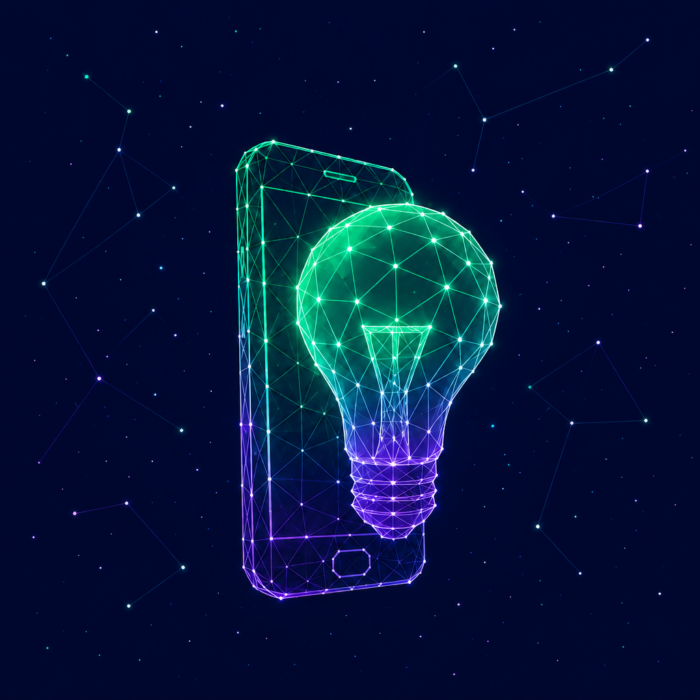 Digitale Innovation stärken dargestellt durch ein Handy und eine Glühbirne davor.