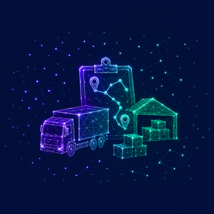 Logistics planning and optimization illustrated by a truck, a warehouse, a desk, and packages