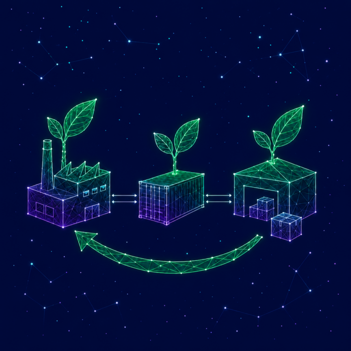 A sustainable supply chain strategy and value chain illustrated by a supply chain comprising three production facilities, each with a rooftop plant.