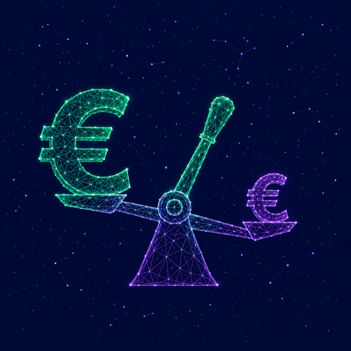 Development cost control, illustrated by a scale with a small euro symbol and a large one.