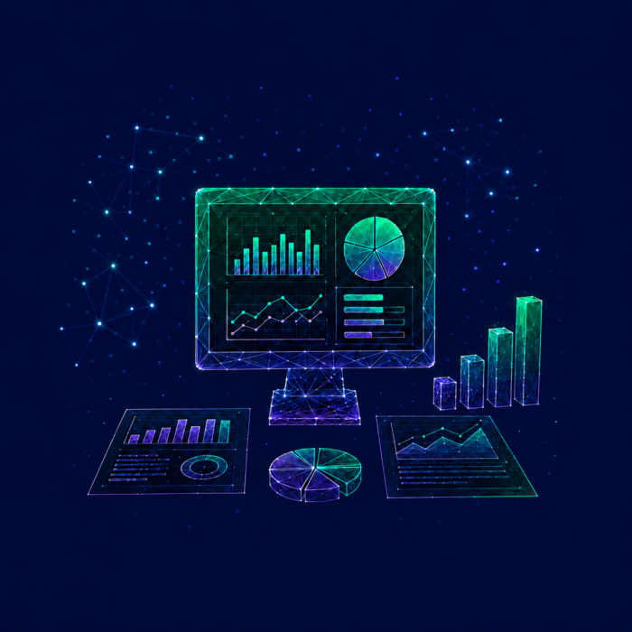 Analyzing dataâcreating transparency, as shown on a screen with many charts
