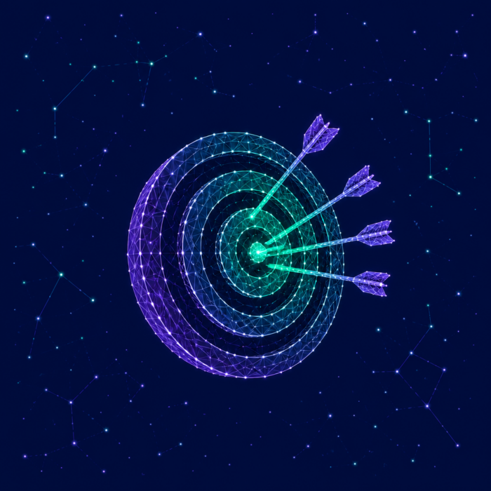 Defining and implementing realistic goals, illustrated by a target with four arrows