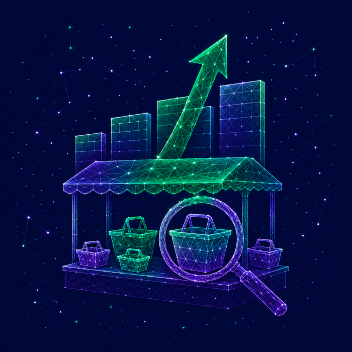 Market potential and growth strategy illustrated by a market stall with baskets, a magnifying glass, and an upward-pointing arrow.