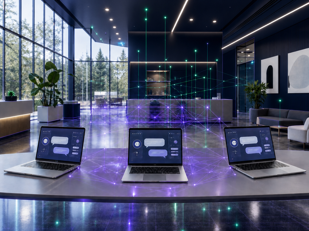 Three laptops with chat interfaces in the Chatbot Lobby, connected by a purple-and-green data network, symbolize chatbot support at KBC.