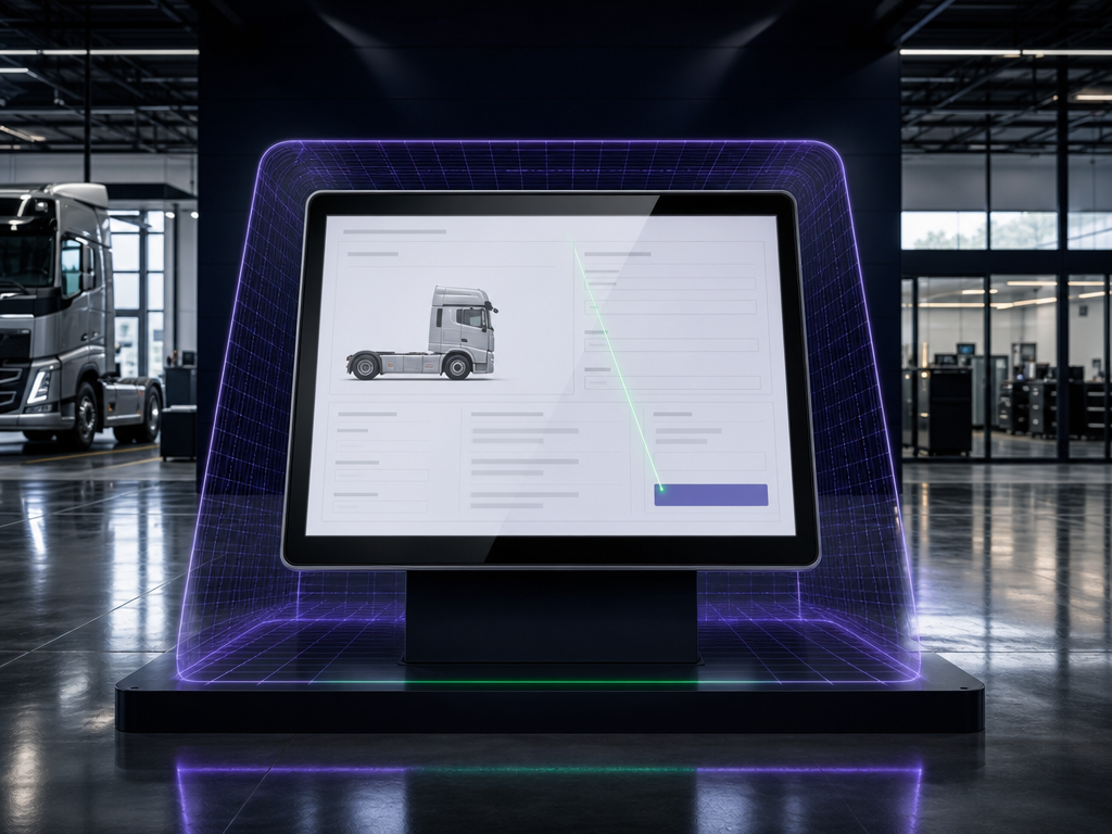 Digitaler Bildschirm mit Lkw-Vertrag in lila Wireframe-Rahmen, symbolisiert digitales Vertragsmanagement bei KBC.