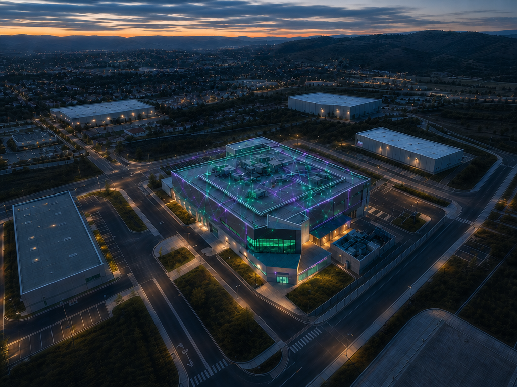 Aerial view of an industrial plant with a green and purple hologram overlay; Bau KBC Management Consulting