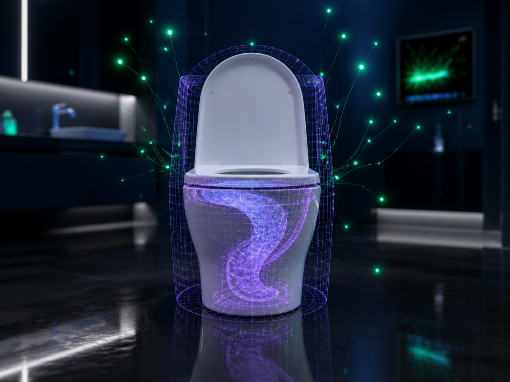 Toilette mit lila Wireframe-Hülle und Wasserwellenmuster, grüne Datenpartikel im Badezimmer, symbolisiert disruptive Innovation bei KBC.
