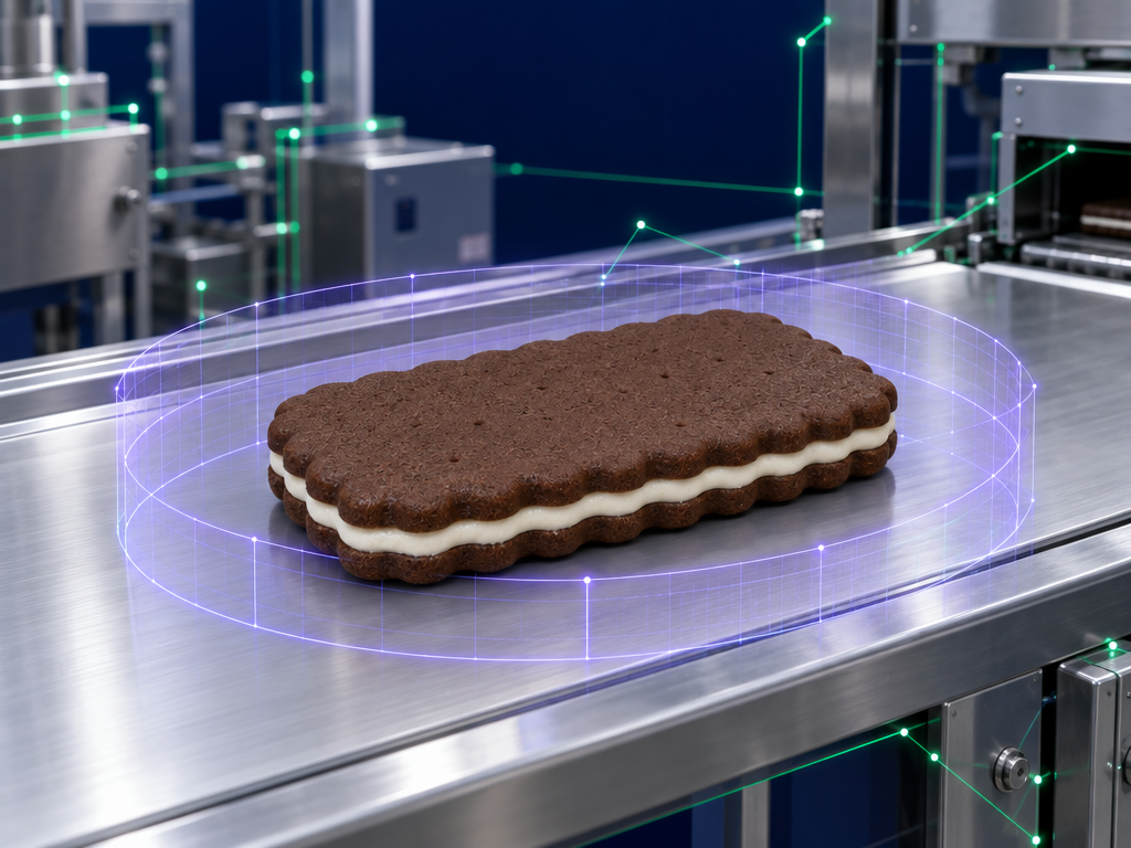 FMCG-Beratung von KBC: Sandwichkeks mit weißer Füllung und gewelltem Rand auf Förderband, violett gescannt.