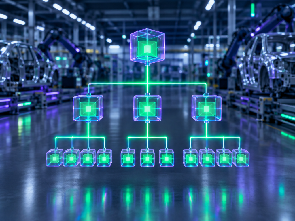 Leuchtendes Organigramm aus grün-lila Glaswürfeln in Automobilfertigung visualisiert Governance Struktur bei KBC.