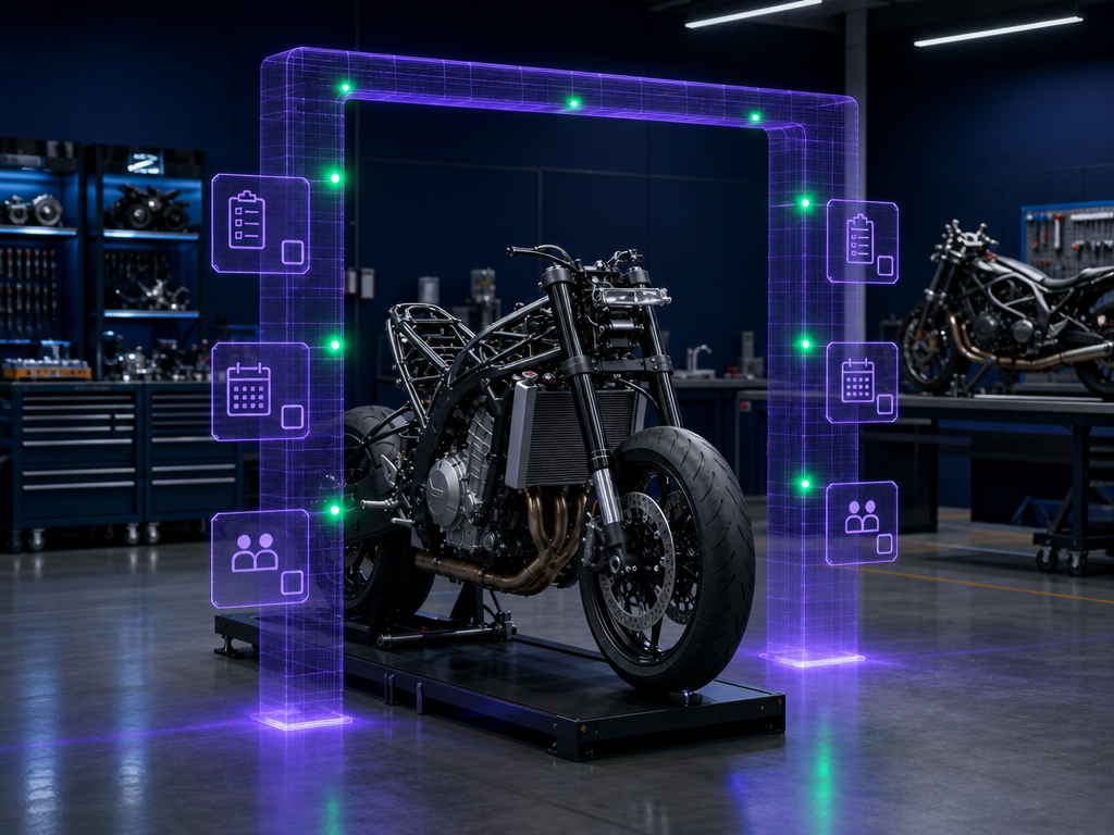 Motorrad-Prototyp durchläuft leuchtendes Gateway-Tor mit Checklisten-Symbolen, visualisiert Produktentstehungsprozess-Beratung von KBC.
