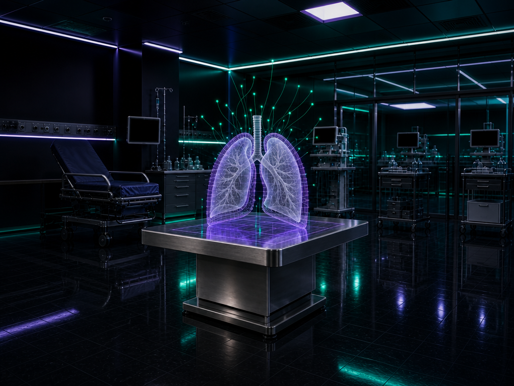 Operationsaal mit holografischem Lungen-Scan und grünen Datenstrahlen symbolisiert Prozessoptimierung Krankenhaus durch KBC.