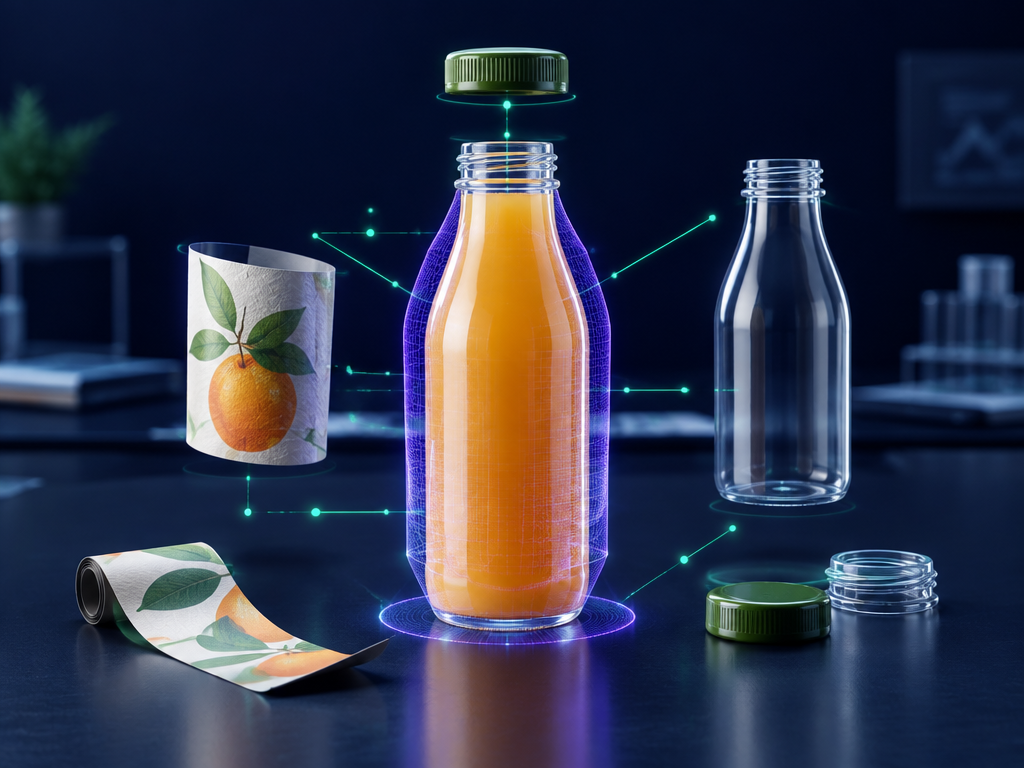 Orange Getränkeflasche mit Verpackungsvarianten und digitaler Vernetzung visualisiert KBCs Unternehmensberatung für die Getränkeindustrie.