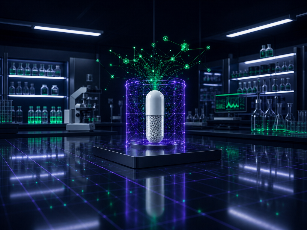 Weiße Medizinkapsel im Labor mit lila Wireframe-Scan und grünem Datennetzwerk, symbolisiert Versorgungssteuerung im Gesundheitswesen durch KBC.