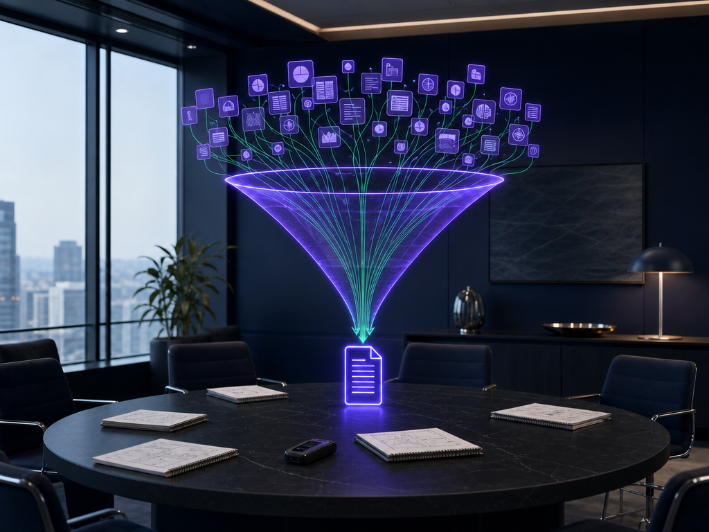 The funnel bundles floating document icons into a single document, symbolizing knowledge management within the company using KBC.